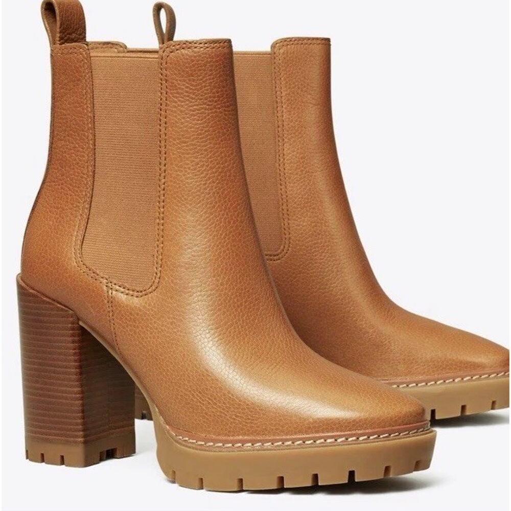 Tory Burch Carson Lug Sole High Heel Boots Women's 9M Toasted Caramel Pull On